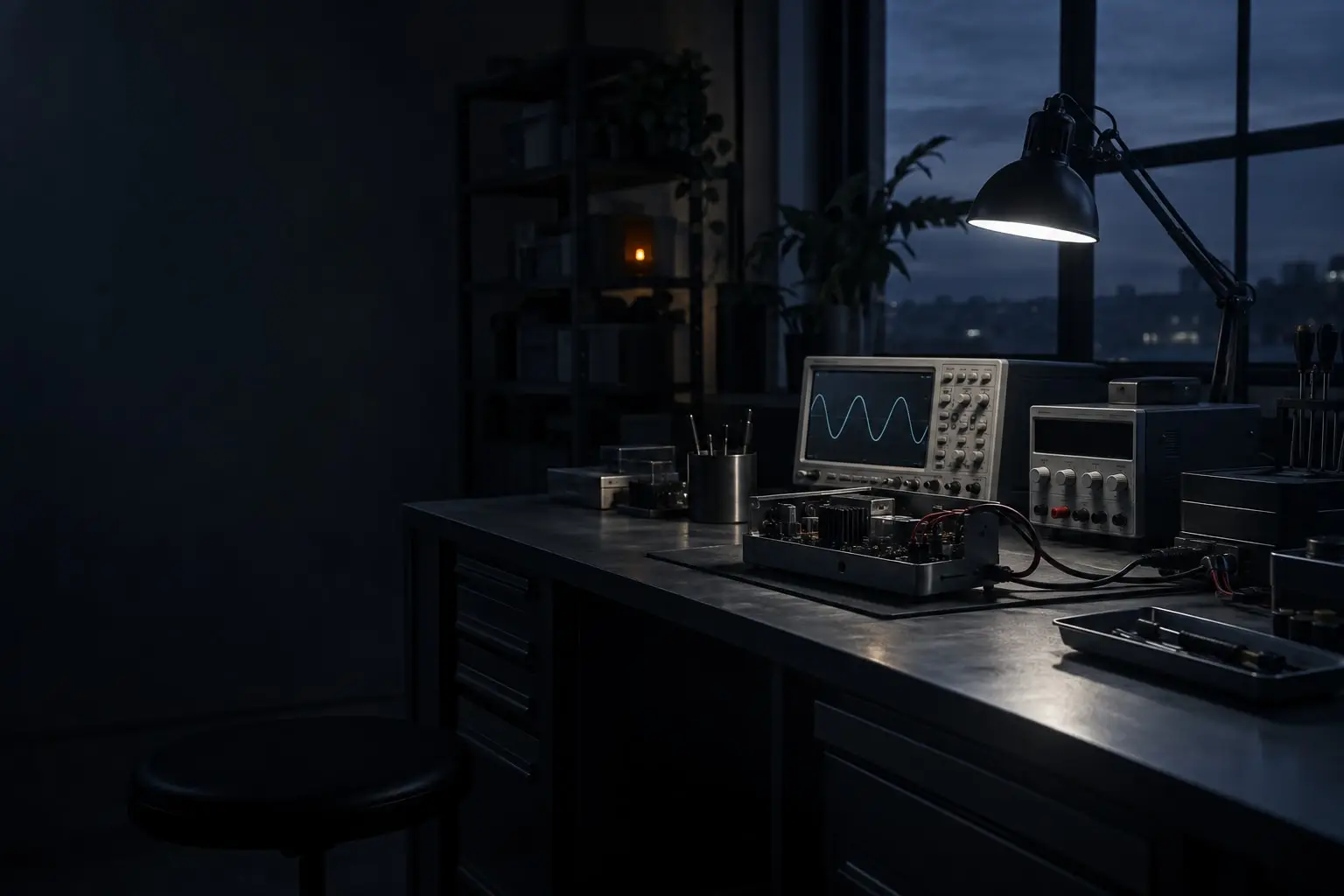 Hardware engineering workbench with an oscilloscope and a device under test
