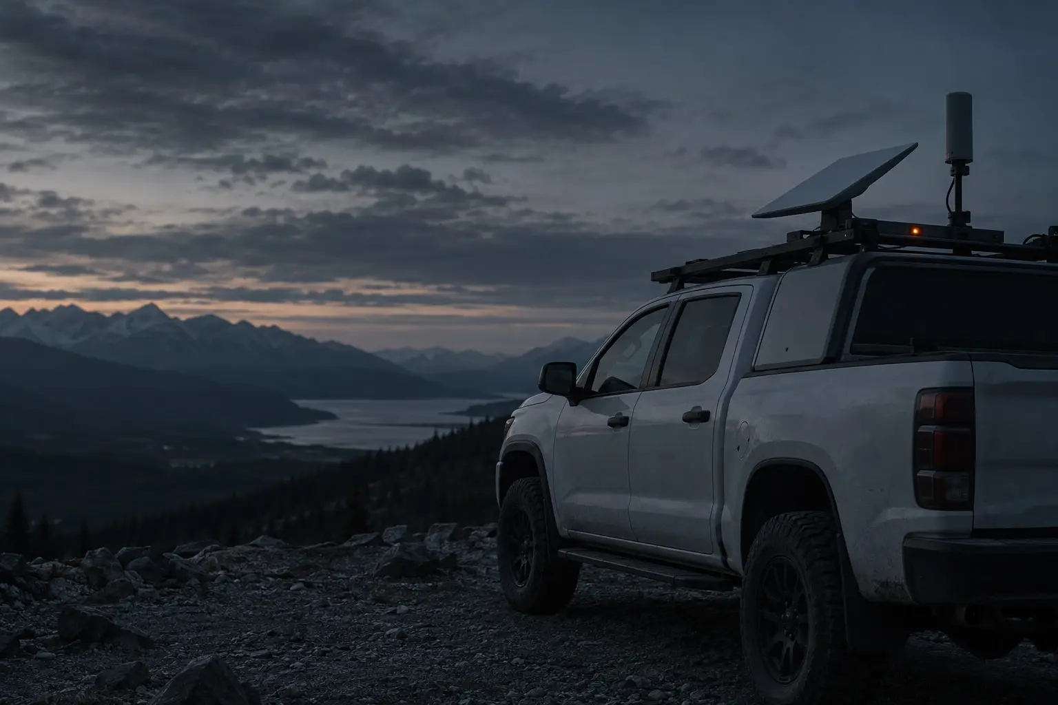 Satellite terminal and LTE antenna mounted on a work truck at a remote site