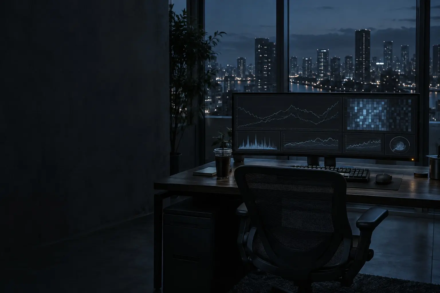 On-call desk at night with monitoring graphs on an ultrawide monitor and a city window