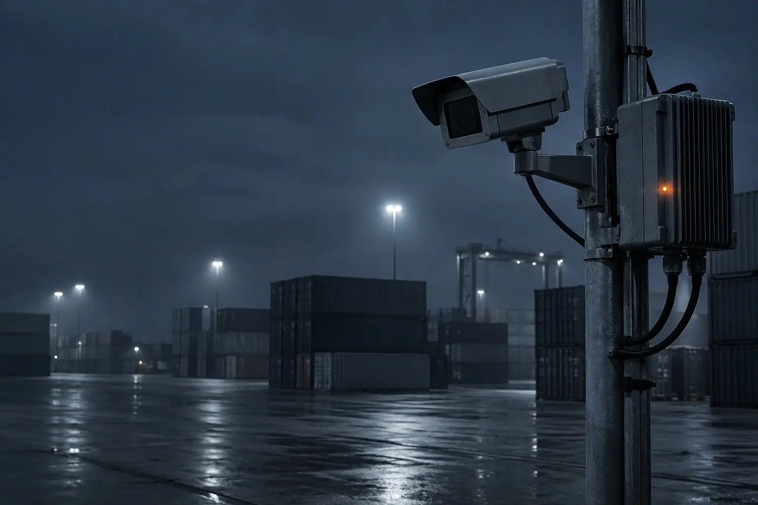 Pole-mounted camera and edge compute unit overlooking a logistics yard at night