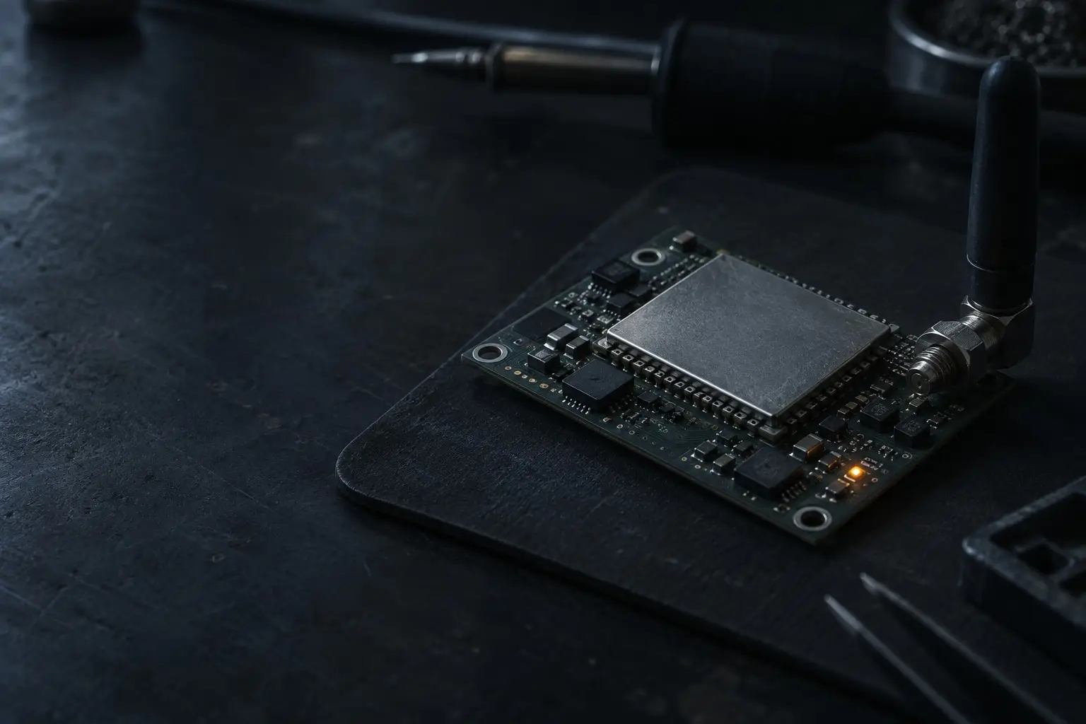 Circuit board with a cellular modem module on an electronics workbench