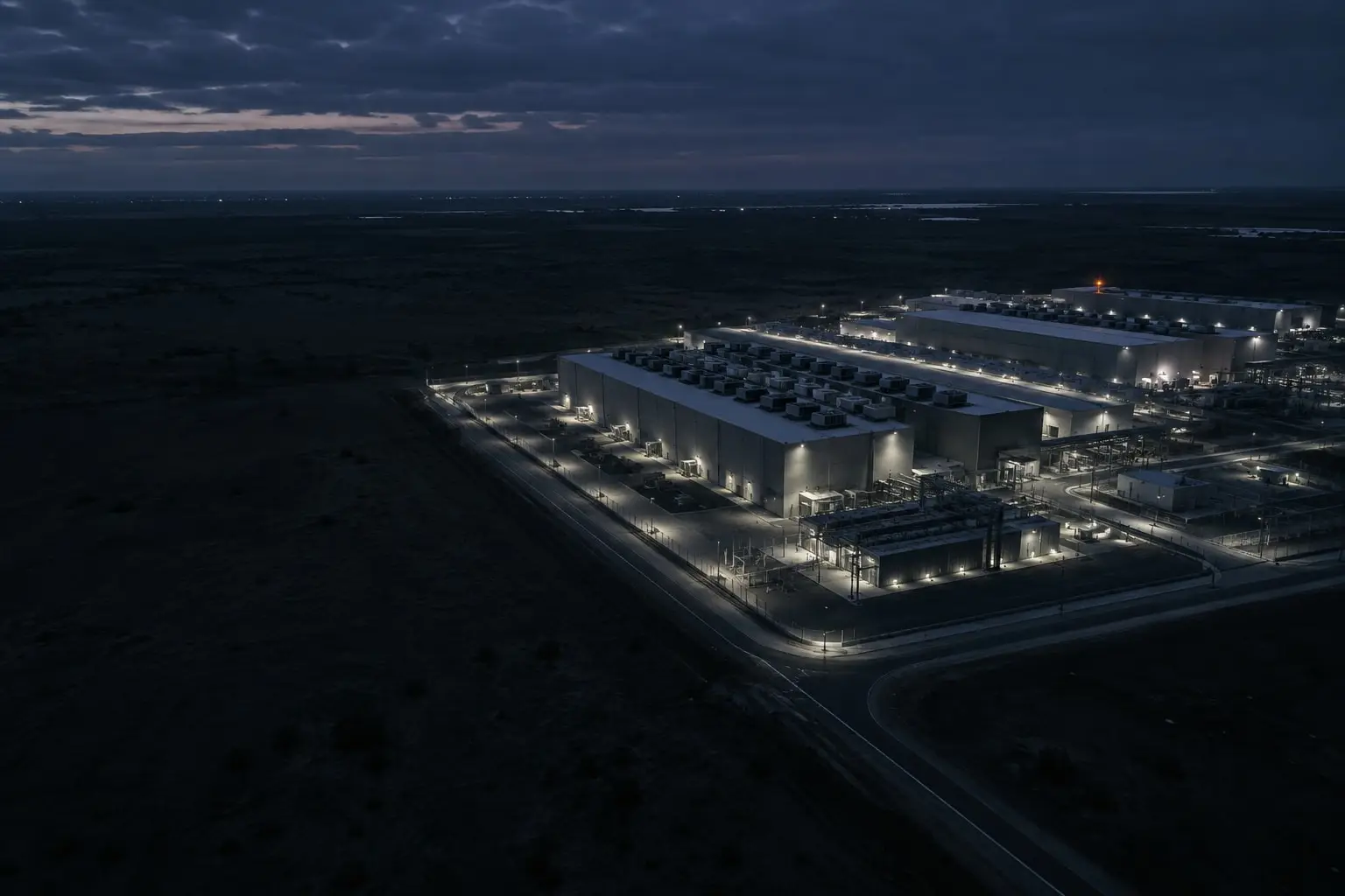 Aerial view of a data center campus at night