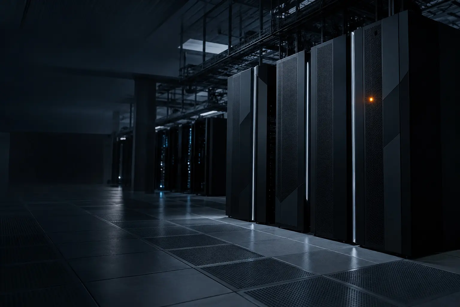 Row of black mainframe cabinets on a raised data center floor at night