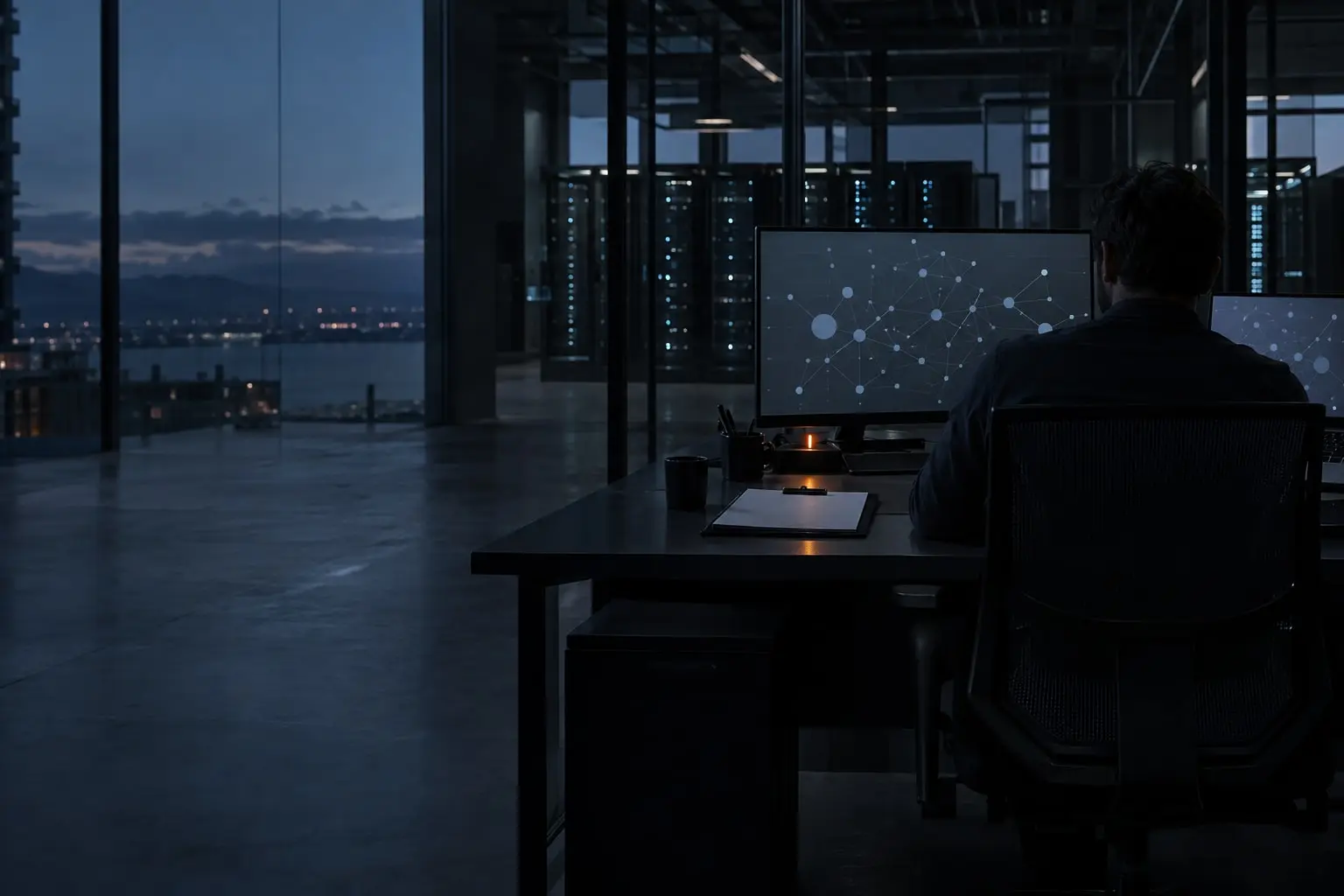 Engineer reviewing an architecture diagram at a desk, with a server hall behind glass