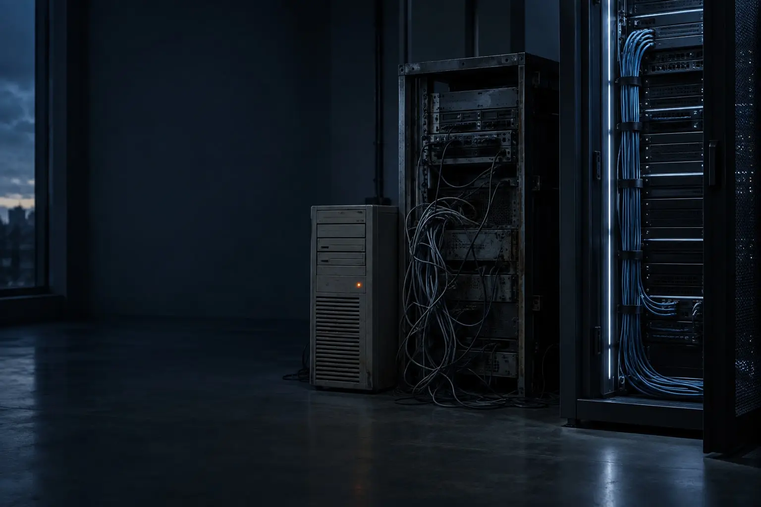 Aging server hardware beside a modern, neatly cabled rack in a dark server room
