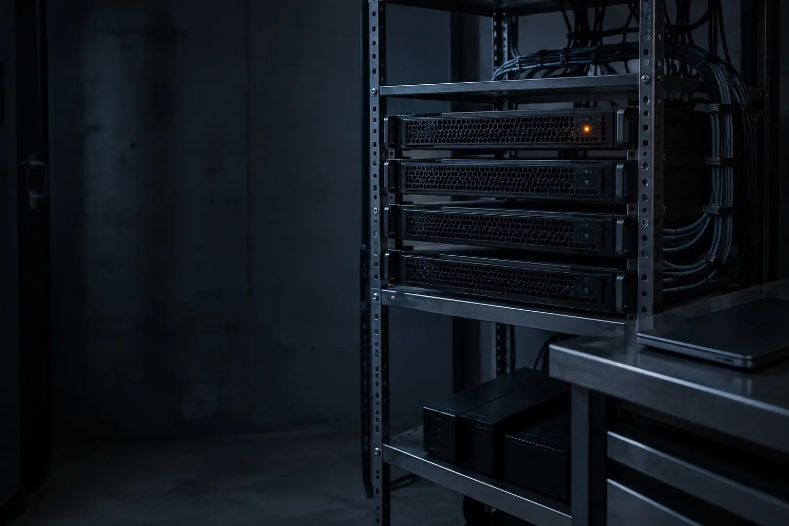 A compact cluster of small servers on a steel shelf in a dark on-premises server room