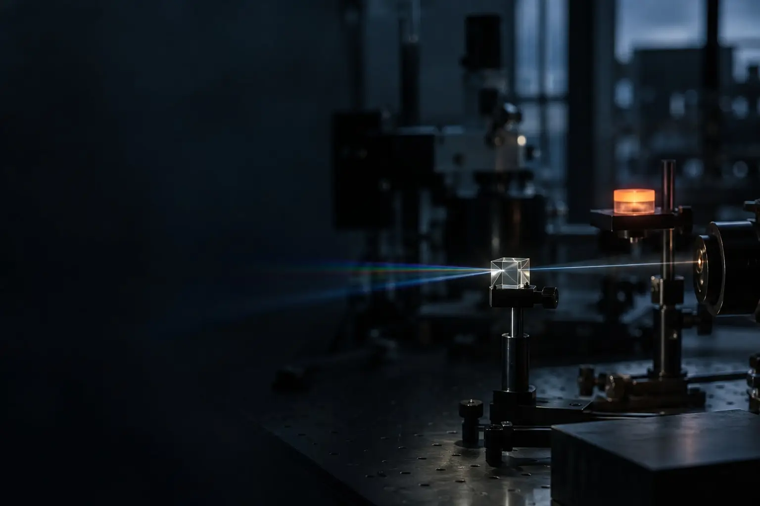 Light beam refracting through a crystal sample on an optical bench in a materials lab